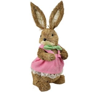 Wielkanocny słomiany Zajączek w różowym ubranku, naturalny, 39 cm